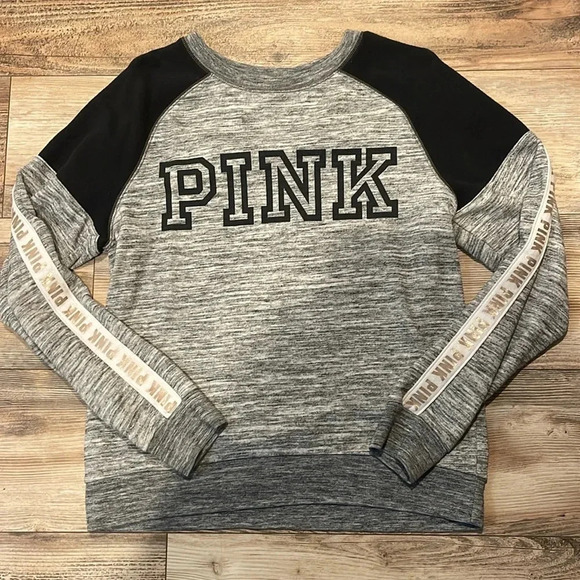 Victoria Secrets PINK Crewneck Sweatshirt Size Small Heathered Gray Gold Detail - Picture 1 of 2